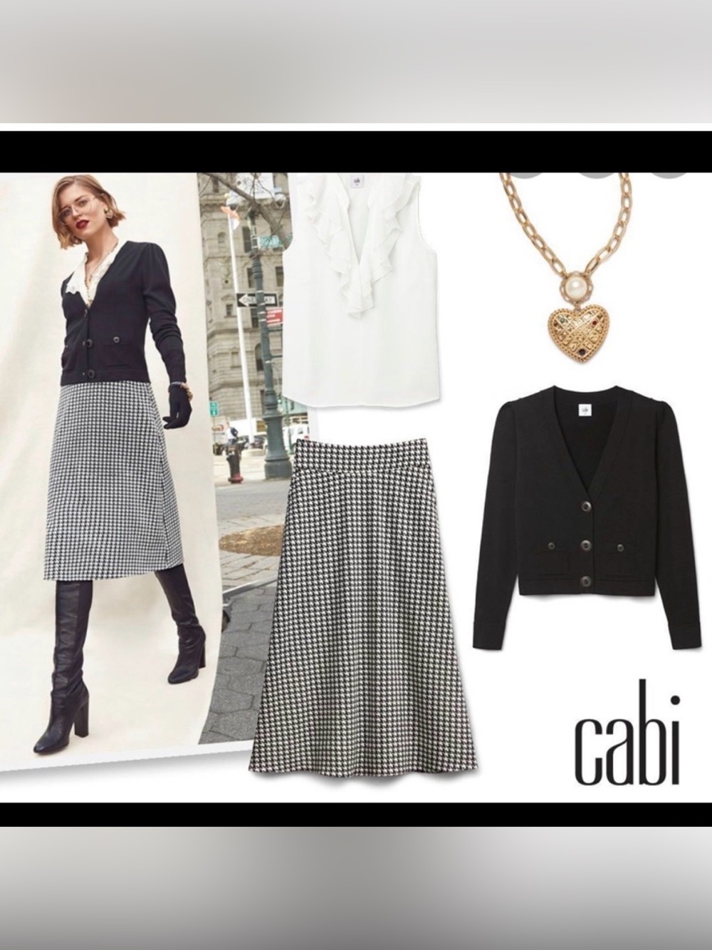 CAbi Black and White Houndstooth A-Line Skirt Sz 8-10 M Quiet Luxury